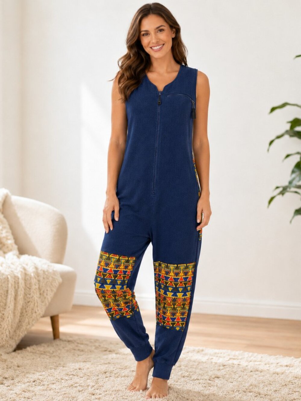 Patagonia Women's Fleece Jumpsuit Small Navy Geometric Cabincore Outdoor Lounge